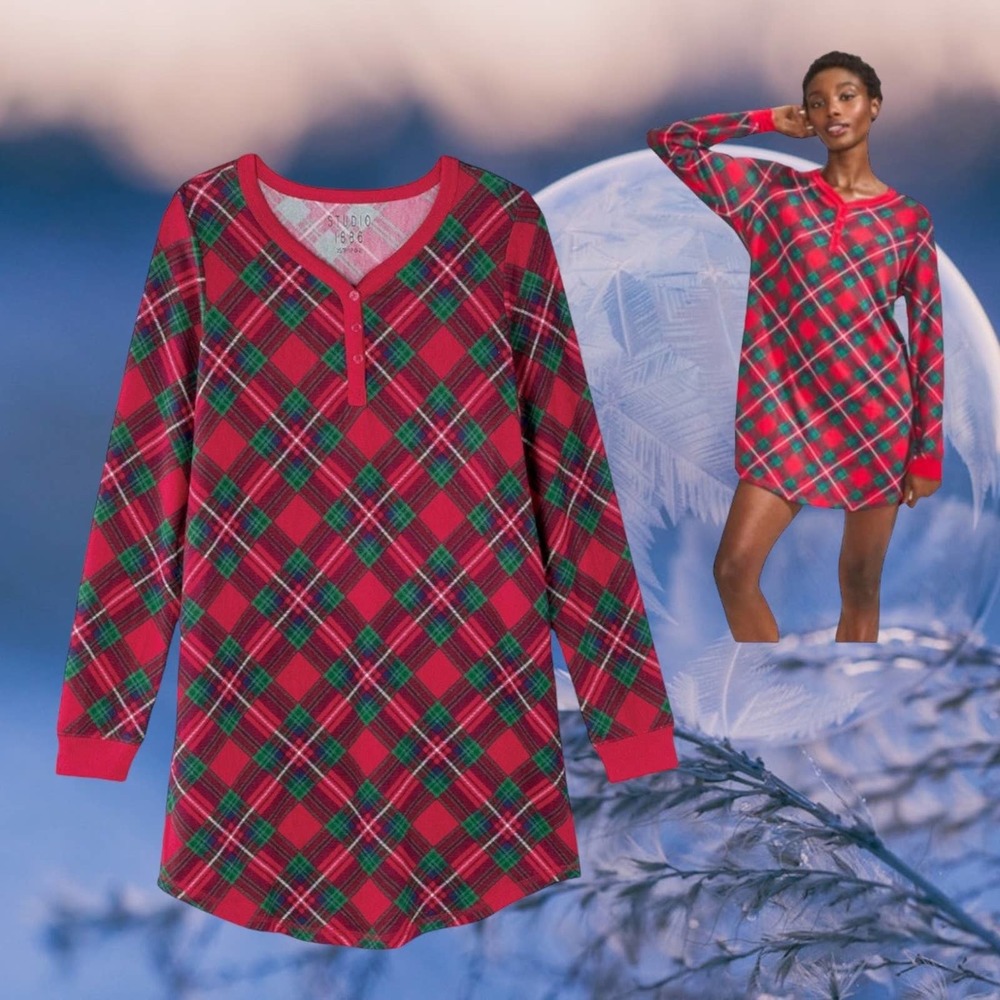 NEW Studio 1886 TARTAN PLAID SLEEP SHIRT Ladies SM 4/6 Christmas Pajama Dress!